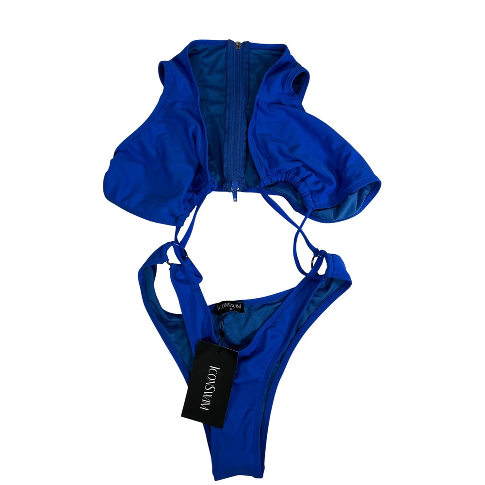 Icon Swim Beachside Escape Swimsuit Blue Cutout Monokini Zip Front Small NEW